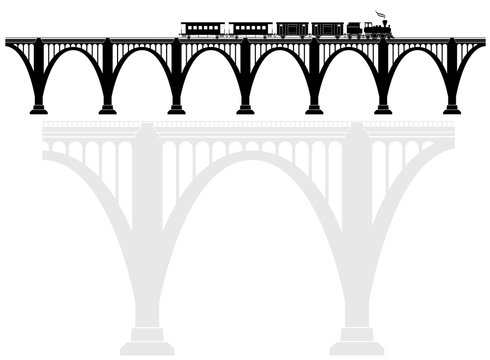 Openwork arch concrete bridge with a steam locomotive. Transport infrastructure. Transportation of passengers. Black and white.