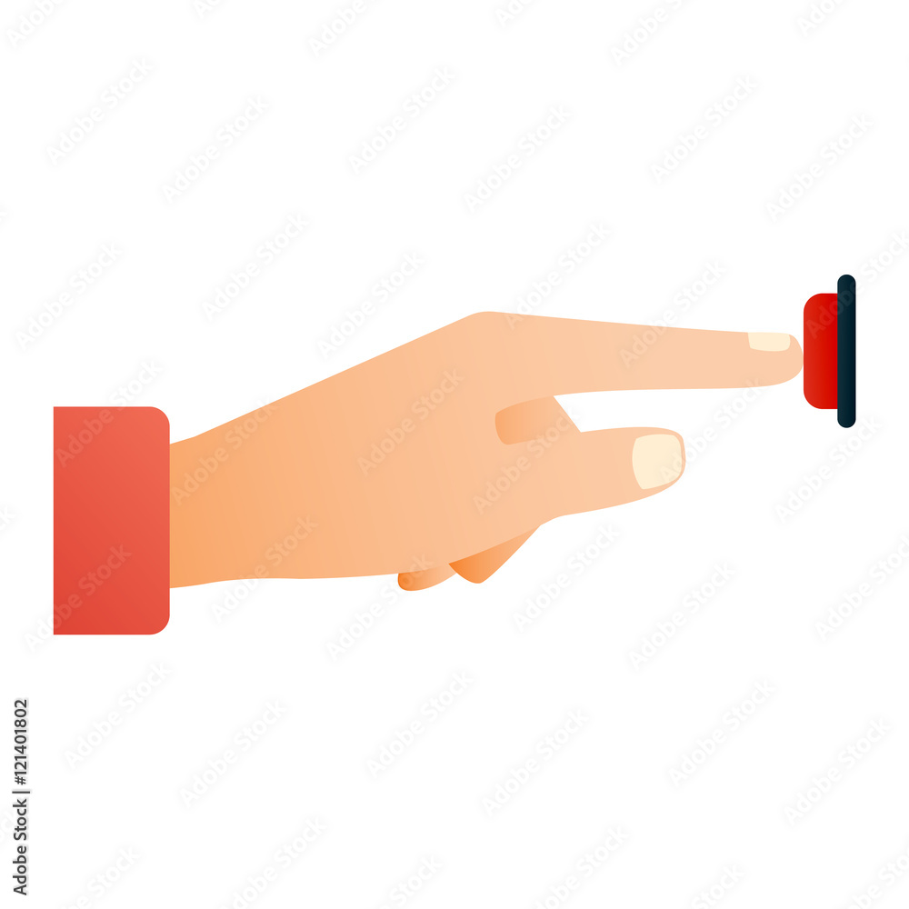 Poster hand press button finger press icon on white background. finger control start up hands push button p