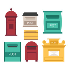 Beautiful rural curbside open and closed mailboxes with semaphore flag vector illustration. Traditional communication empty postage post mail box. Letter message post mail box service correspondence.