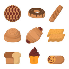 Vector illustration of bakery product food collection. Breakfast wheat meal chocolate dessert bakery products. Fresh grain product bun roll bakery products grocery health diet snack gourmet cereal.