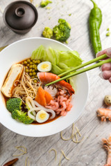 Traditional Japanese noodle soup, meat, vegetables, red pepper in a white plate with chopsticks. On a wooden background
