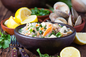Seafood shellfish ceviche mariscal, typical dish Peru Latin America