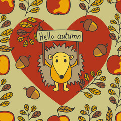 Autumn pattern with hedgehog, nuts, leaves, apples.