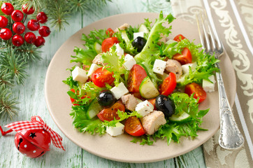 Fresh salad with tuna, tomatoes and cucumbers