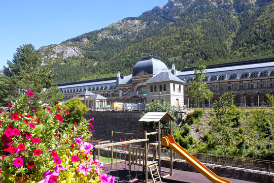 train station in Canfranc in front of a children park, Spain
