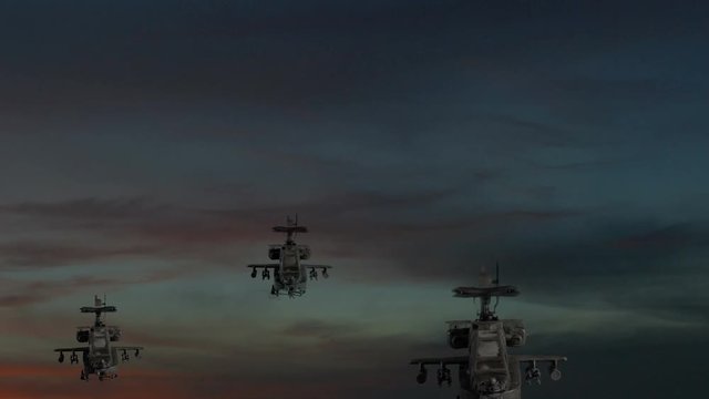 Three apache gunships flying against dramatic sky
