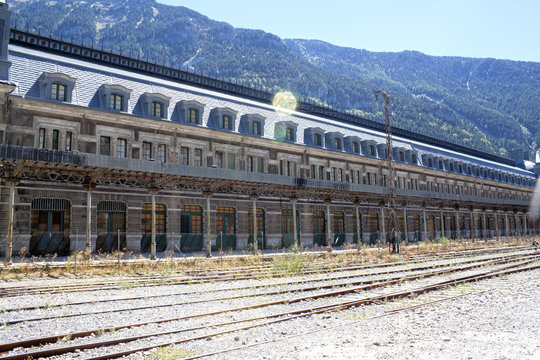 Train station in Canfranc with the railroad, Spain