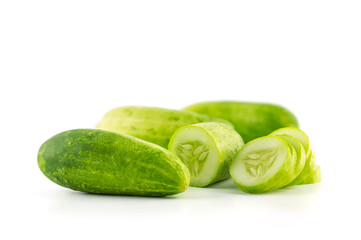 Cucumber and slices collection isolated on white background