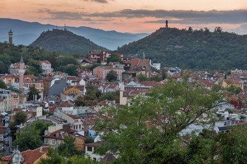 Sunset view of city of Plovdiv from Nebet tepe hill, Bulgaria