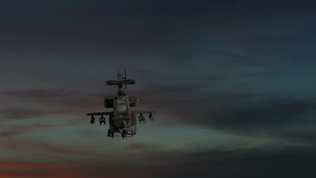Three apache gunships flying against dramatic sky, one explodes