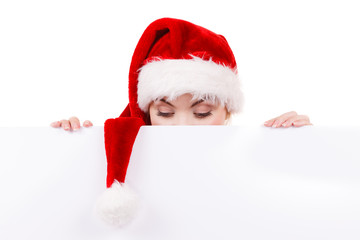 Woman with blank empty banner board. Christmas