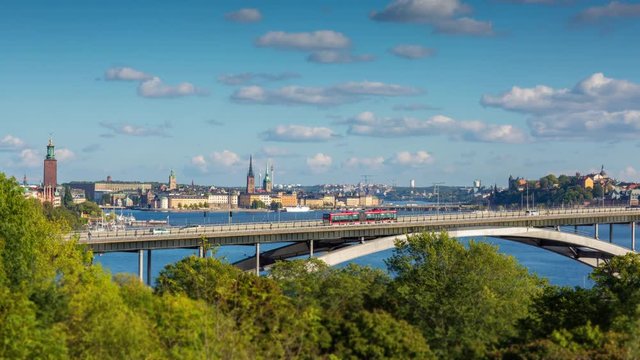 Time lapse of central Stockholm. Bridge Vasterbron is in the foreground