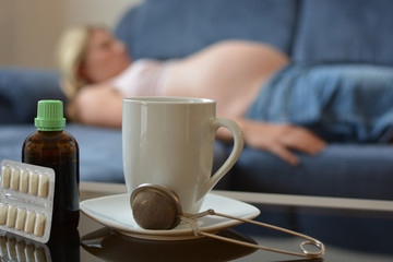 Horizontal view of medicines for ill pregnant woman