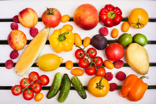 Vegetables and fruits background. Top view. Horizontal.