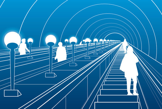 Metro escalator, people walking down the stairs, white lines on blue background, vector design art