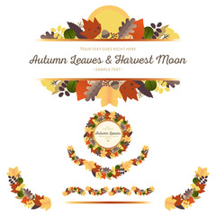 Fototapeta premium Autumn Ornaments. Hand drawn vector illustration of garlands made of colorful leaves, berries and Harvest Moon - design elements on white background. 