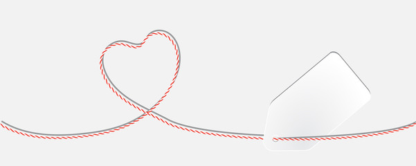 Card with twine lace heart and white paper tag, copy place, vector illustration EPS 10