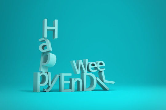 Happy Weekend Word Letters collapsing isolated on turquoise background, 3D Render Illustration