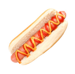 Hot Dog with mustard and ketchup, isolated on white