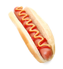 Hot Dog with mustard and ketchup, isolated on white