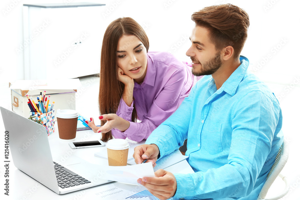 Canvas Prints Beautiful woman and handsome man working in modern office