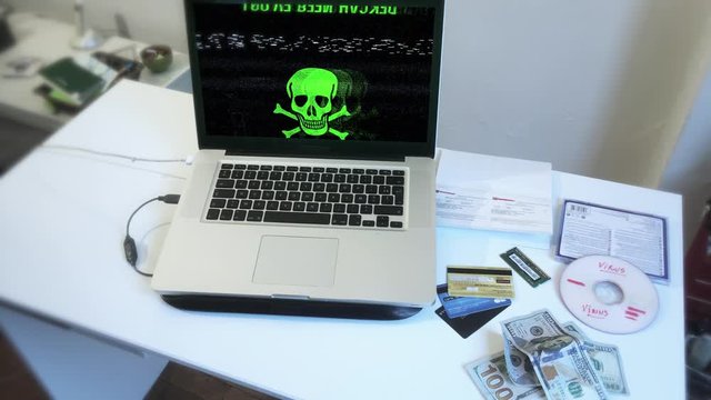 Hacked Computer Warning, Cyber Crime Scene. A computer virus is a malware that, when executed, replicates by reproducing itself or infecting other computer.