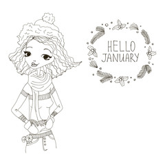 Obraz premium Hello January Black and White Illustration with a Hello January Typography Lettering, Winter Holiday Wreath and a Fashion Girl. Artistic Fashion Hello January Vector Illustration for Print, Blogging