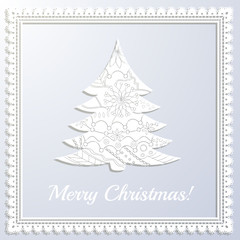 Fototapeta na wymiar Merry Christmas white paper card with applique tree and frame