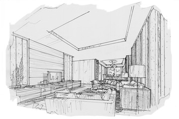 sketch interior perspective living room, black and white interior design.