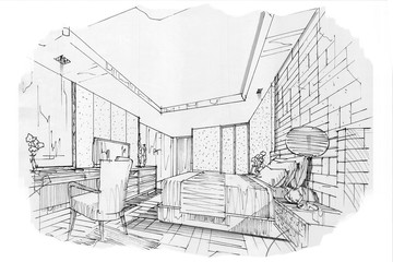 Fototapeta premium sketch interior perspective BED ROOM, black and white interior design.