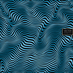 Wavy striped vector background. Blue pattern on black. Deformed space. Abstract curved lines. Zebra effect. Vector illustration for your design.