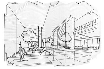 sketch interior perspective lobby, black and white interior design.