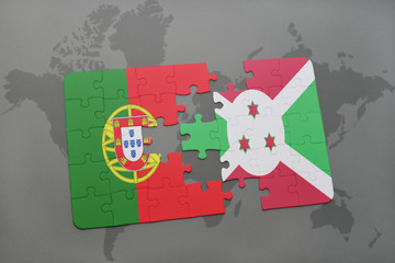puzzle with the national flag of portugal and burundi on a world map background.