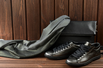Leather upper metallic womens shoes, scarf and black leather bag