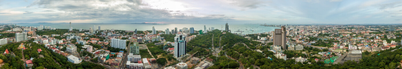 Fototapeta na wymiar Aerial 360 degree panoramic scene of Pattaya bay and City at the sunset