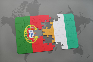 puzzle with the national flag of portugal and cote divoire on a world map background.