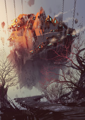 painting of science fiction concept with hanging village,illustration art