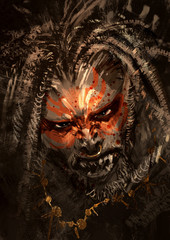 Naklejka premium monster portrait showing war paint on face of horror character,digital painting,illustration
