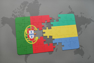 puzzle with the national flag of portugal and gabon on a world map background.