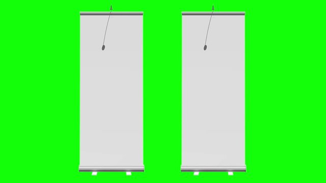 Two Blank Roll Up Banner Stands. Trade show booth white and blank. 3d motion graphic on green screen chroma key background. Available in 4K FullHD and HD video render footage.