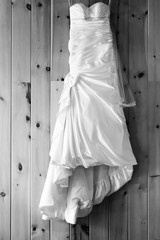 Wedding dress hanging on a wood panel wall