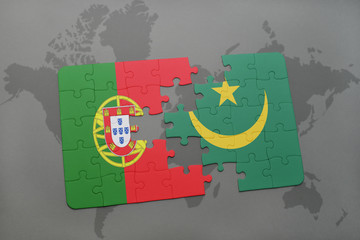 puzzle with the national flag of portugal and mauritania on a world map background.