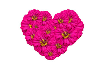 Isolate pink flowers mix to a heart-shaped on white background,