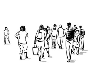 group of people walking free hand sketch