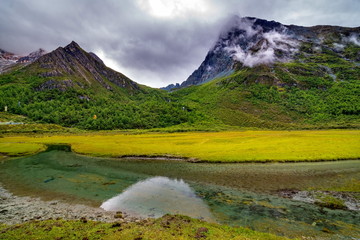 Landscape of autumn at Chongu pasture in Yading national level reserve, Daocheng, Sichuan Province, China.