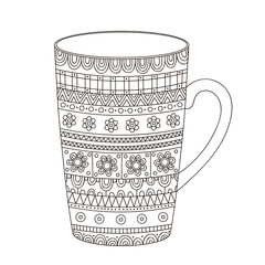 Vector hand drawn pot with doodle ornament. Isolated. Coloring page antistress for adult and children. Outline cup of tea. Black and white colors. - 121429215