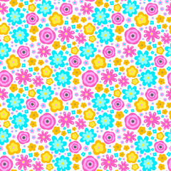 Fototapeta na wymiar Summer flowers. Vector seamless pattern with flat floral ornament. Bright colors - pink, yellow, orange grey and white. Cute hand drawn flowers on white background.