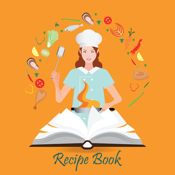 Open recipe book with woman cooking