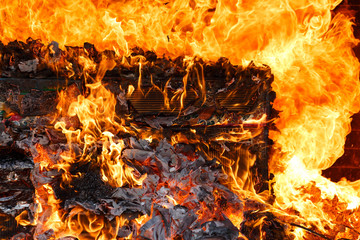 Chinese ceremony burn gold paper and useful things to ancestor.
