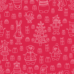 Christmas red pattern. Vector pattern with doodle animals and gifts. Cute winter background. Fox, bear, rabbit, cat, hedgehog, squirrel and snowman.